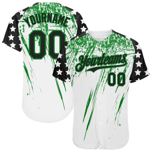 Custom White Black-Grass Green Splatter Brush Stroke Star Raglan Sleevess Authentic Baseball Jersey