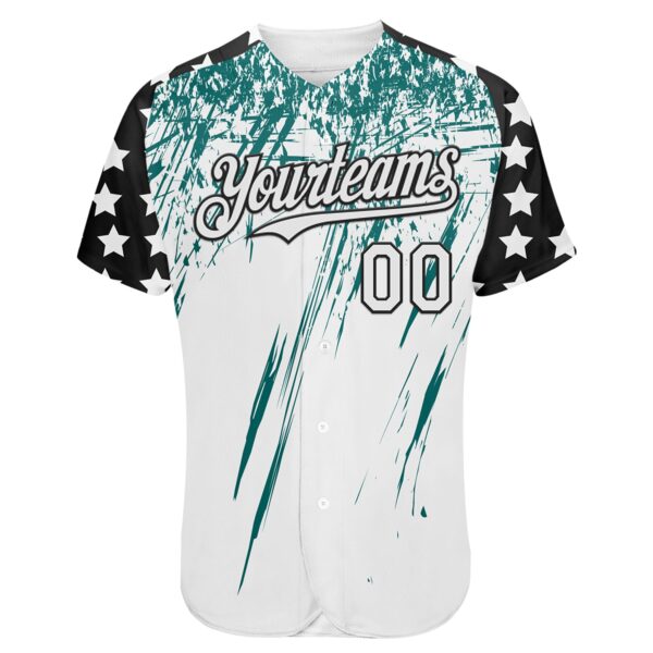 Custom White Black-Teal Splatter Brush Stroke Star Raglan Sleevess Authentic Baseball Jersey