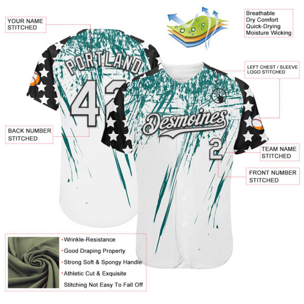 Custom White Black-Teal Splatter Brush Stroke Star Raglan Sleevess Authentic Baseball Jersey