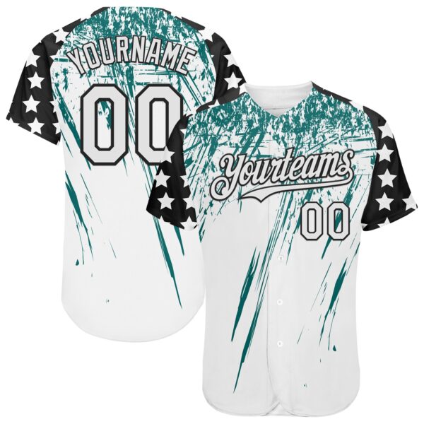 Custom White Black-Teal Splatter Brush Stroke Star Raglan Sleevess Authentic Baseball Jersey