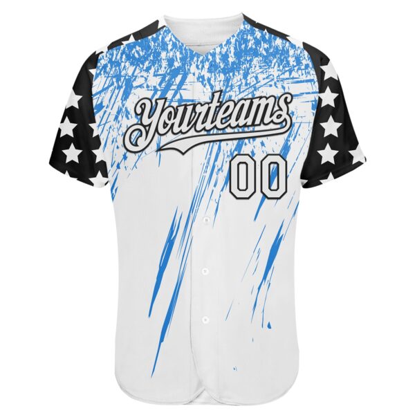 Custom White Black-Powder Blue Splatter Brush Stroke Star Raglan Sleevess Authentic Baseball Jersey