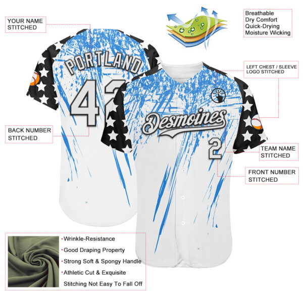 Custom White Black-Powder Blue Splatter Brush Stroke Star Raglan Sleevess Authentic Baseball Jersey