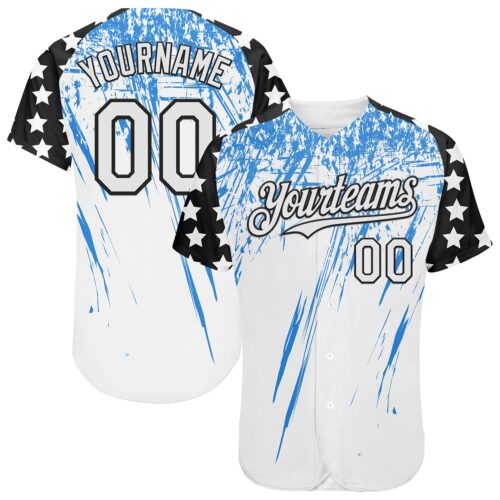 Custom White Black-Powder Blue Splatter Brush Stroke Star Raglan Sleevess Authentic Baseball Jersey