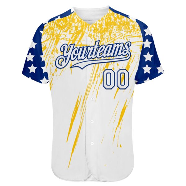 Custom White Royal-Yellow Splatter Brush Stroke Star Raglan Sleevess Authentic Baseball Jersey