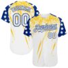 Custom White Royal-Yellow Splatter Brush Stroke Star Raglan Sleevess Authentic Baseball Jersey