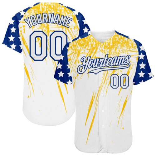 Custom White Royal-Yellow Splatter Brush Stroke Star Raglan Sleevess Authentic Baseball Jersey