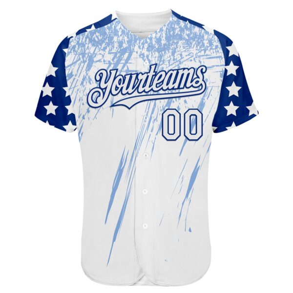 Custom White Royal-Light Blue Splatter Brush Stroke Star Raglan Sleevess Authentic Baseball Jersey