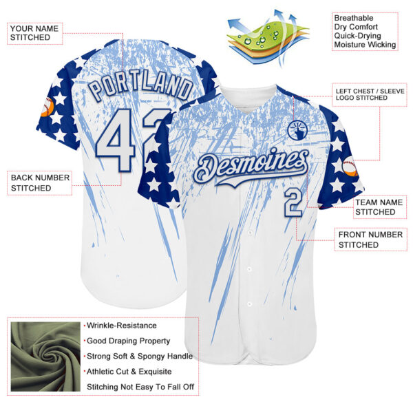 Custom White Royal-Light Blue Splatter Brush Stroke Star Raglan Sleevess Authentic Baseball Jersey