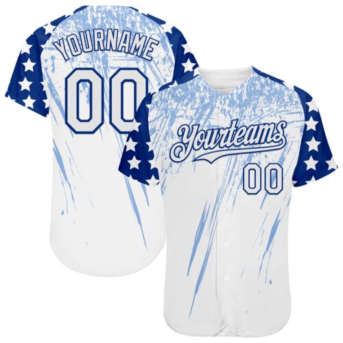 Custom White Royal-Light Blue Splatter Brush Stroke Star Raglan Sleevess Authentic Baseball Jersey