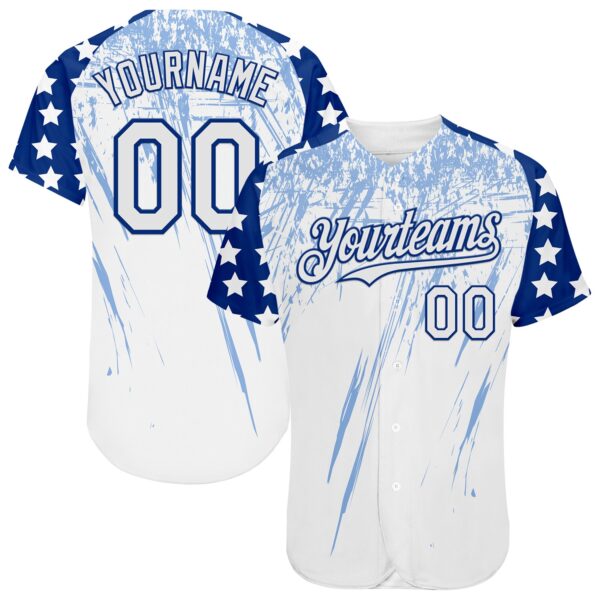Custom White Royal-Light Blue Splatter Brush Stroke Star Raglan Sleevess Authentic Baseball Jersey