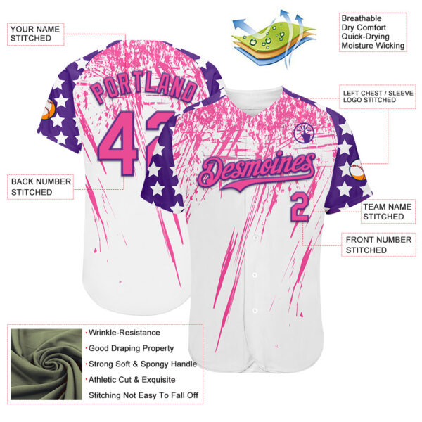 Custom White Pink-Purple Splatter Brush Stroke Star Raglan Sleevess Authentic Baseball Jersey