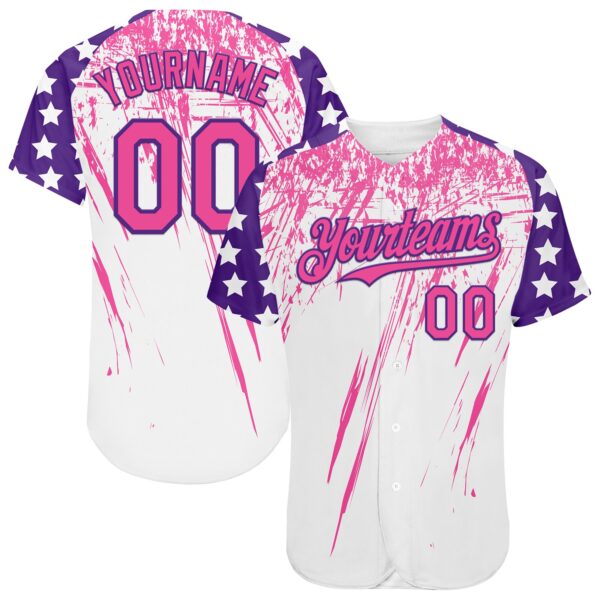 Custom White Pink-Purple Splatter Brush Stroke Star Raglan Sleevess Authentic Baseball Jersey