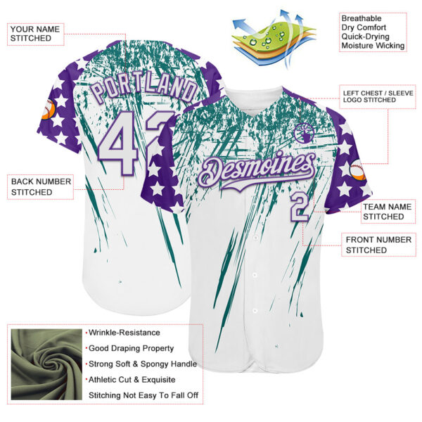 Custom White Purple-Teal Splatter Brush Stroke Star Raglan Sleevess Authentic Baseball Jersey