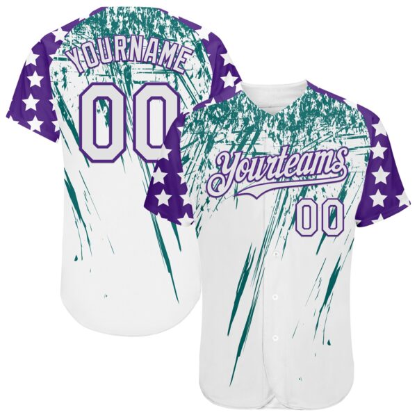 Custom White Purple-Teal Splatter Brush Stroke Star Raglan Sleevess Authentic Baseball Jersey