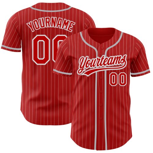Red0609 Custom Red White Pinstripe Gray Authentic Baseball Jersey