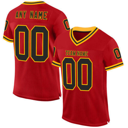 Red0781 Custom Red Black-Gold Mesh Authentic Throwback Football Jersey