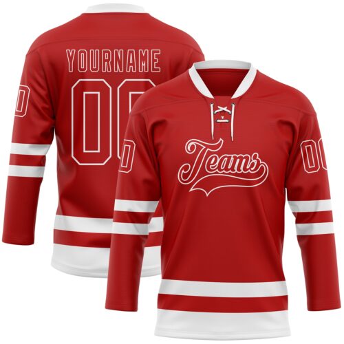 Red0797 Custom Red White Hockey Lace Neck Jersey