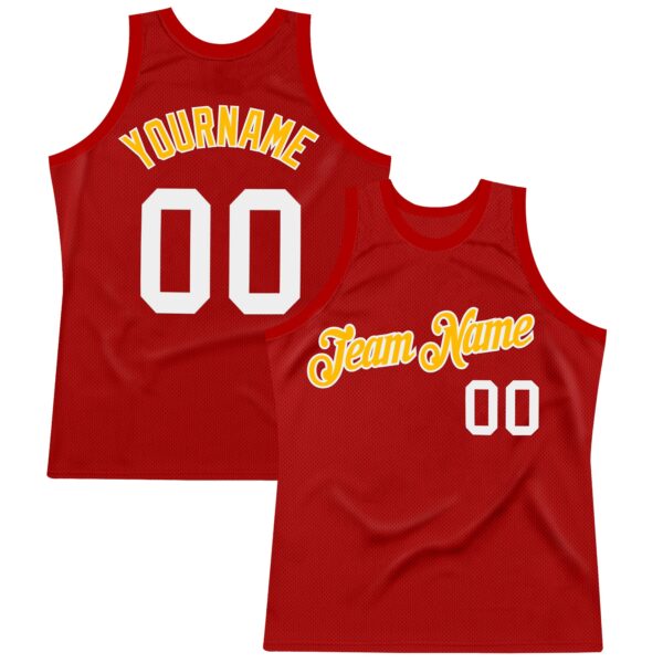 Custom Red White-Gold Authentic Throwback Basketball Jersey