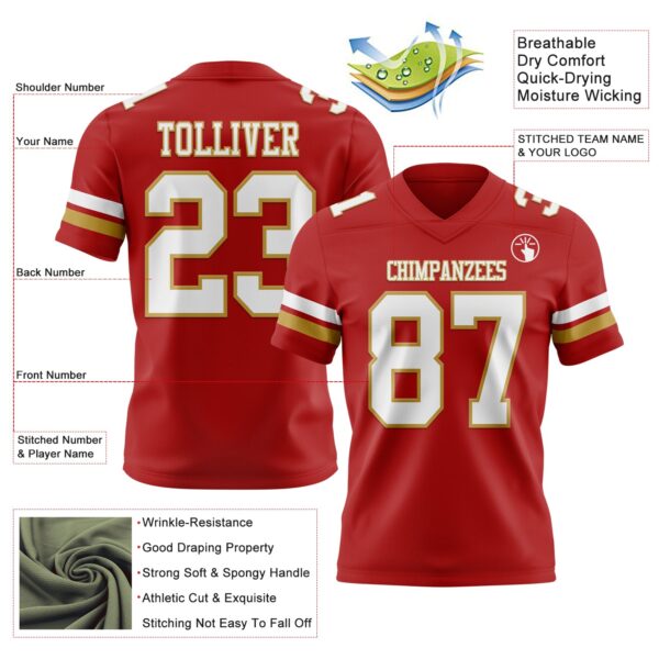 Custom Red White-Old Gold Authentic Football Jersey