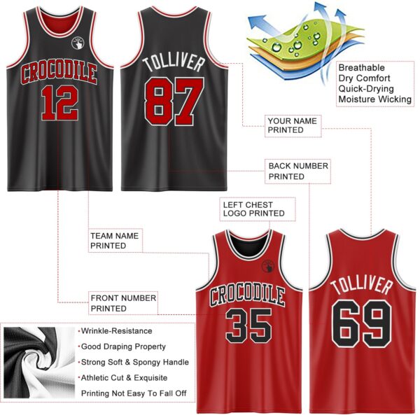 Custom Reversible Black Red-White Double Side Sublimation Basketball Suit Jersey