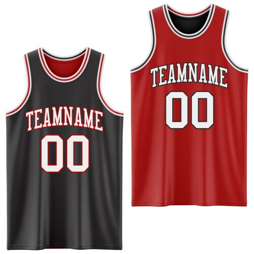 Custom Reversible Black White-Red Double Side Sublimation Basketball Suit Jersey