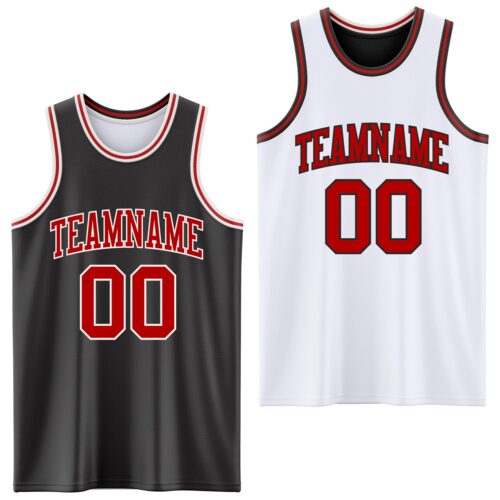 Custom Reversible Black Red-White Double Side Sublimation Basketball Suit Jersey