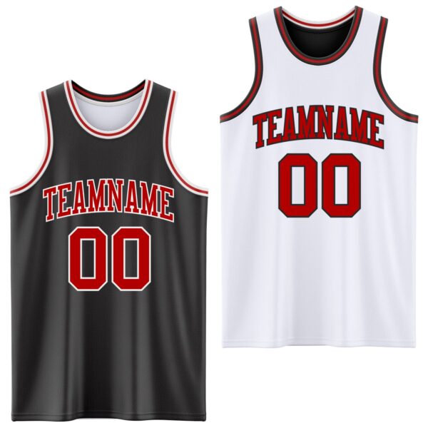 Custom Reversible Black Red-White Double Side Sublimation Basketball Suit Jersey