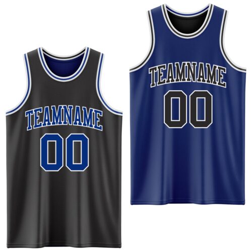 Custom Reversible Black Royal-White Double Side Sublimation Basketball Suit Jersey