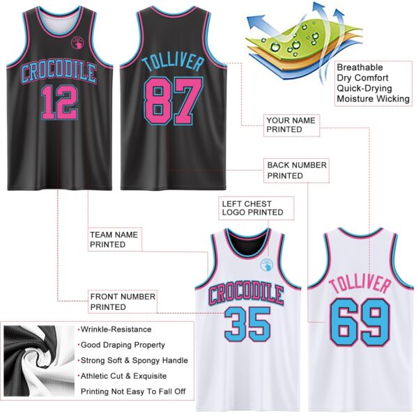 Custom Reversible Black Pink-Sky Blue Double Side Sublimation Basketball Suit Jersey