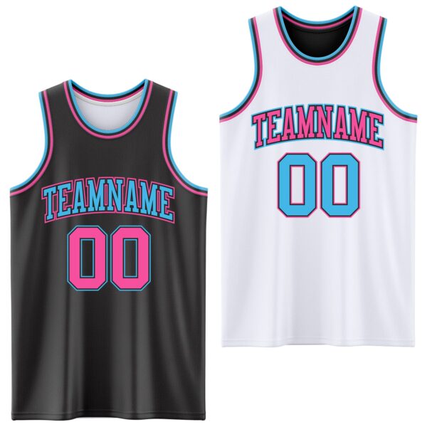 Custom Reversible Black Pink-Sky Blue Double Side Sublimation Basketball Suit Jersey