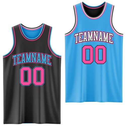 Custom Reversible Black Pink-Sky Blue Double Side Sublimation Basketball Suit Jersey