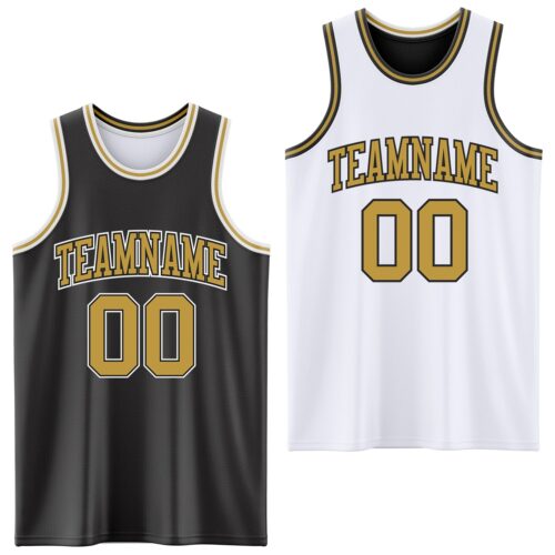 Custom Reversible Black Old Gold-White Double Side Sublimation Basketball Suit Jersey