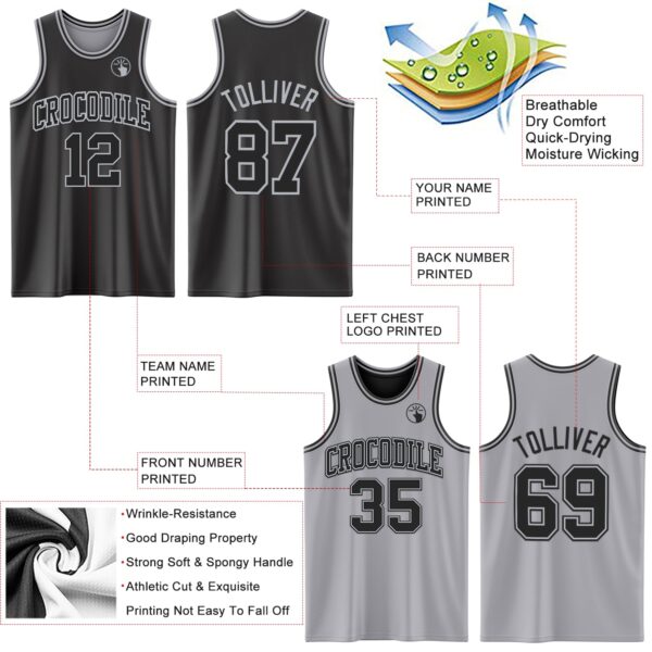 Custom Reversible Black Gray Double Side Sublimation Basketball Suit Jersey