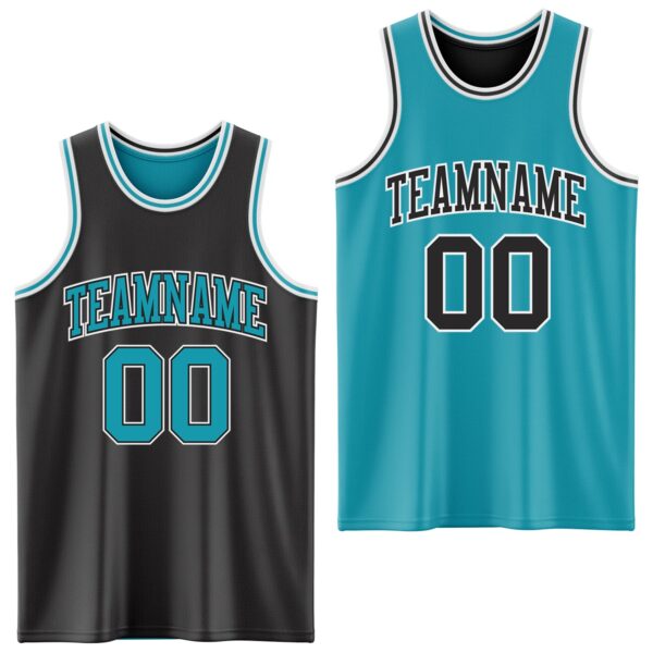 Custom Reversible Black Teal-White Double Side Sublimation Basketball Suit Jersey