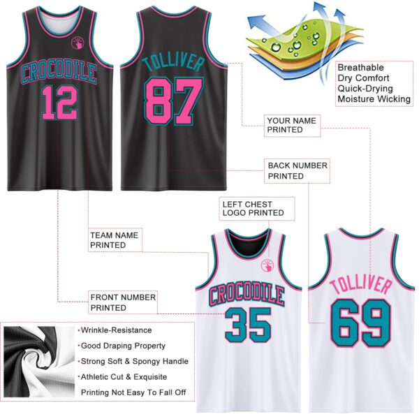 Custom Reversible Black Pink-Teal Double Side Sublimation Basketball Suit Jersey