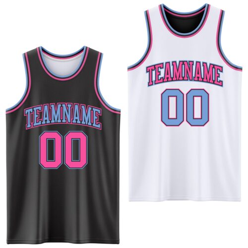 Custom Reversible Black Pink-Light Blue Double Side Sublimation Basketball Suit Jersey