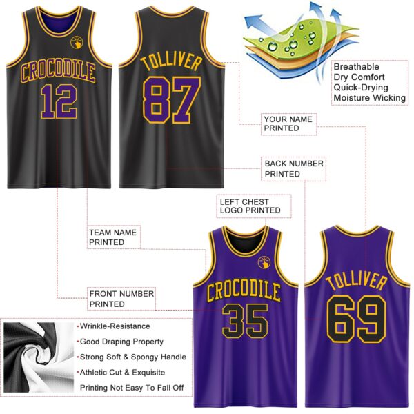 Custom Reversible Black Purple-Gold Double Side Sublimation Basketball Suit Jersey