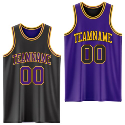 Custom Reversible Black Purple-Gold Double Side Sublimation Basketball Suit Jersey