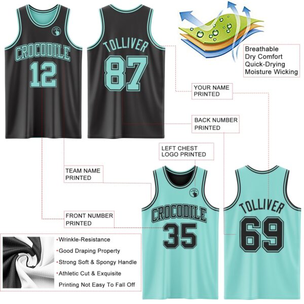 Custom Reversible Black Ice Blue Double Side Sublimation Basketball Suit Jersey