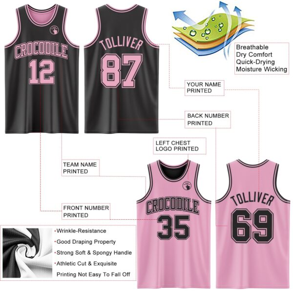 Custom Reversible Black Light Pink Double Side Sublimation Basketball Suit Jersey