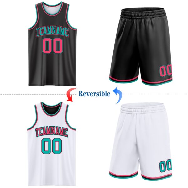 Custom Reversible Black Neon Pink-Aqua Double Side Sublimation Basketball Suit Jersey
