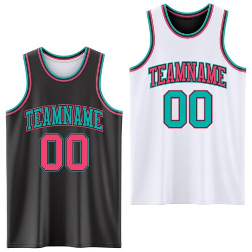 Custom Reversible Black Neon Pink-Aqua Double Side Sublimation Basketball Suit Jersey
