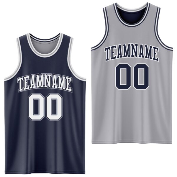 Custom Navy White-Gray Reversible Double Side Sublimation Basketball Suit Jersey