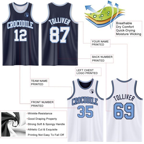 Custom Navy White-Light Blue Reversible Double Side Sublimation Basketball Suit Jersey