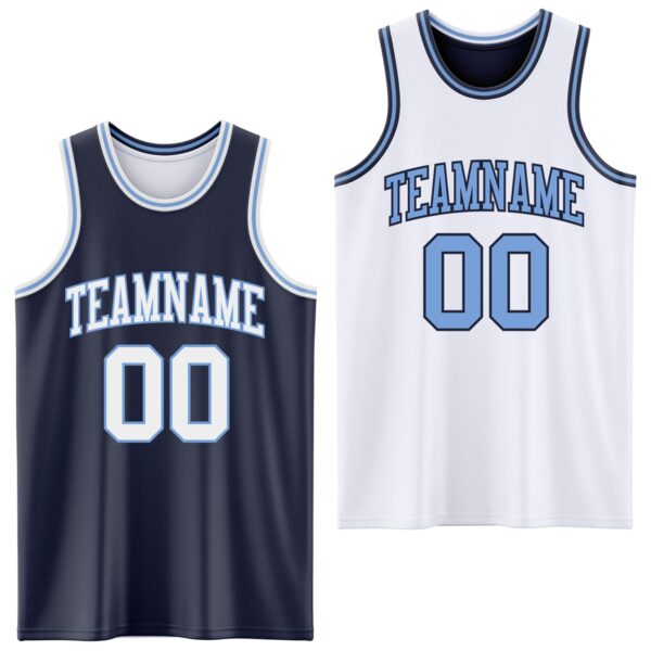 Custom Navy White-Light Blue Reversible Double Side Sublimation Basketball Suit Jersey