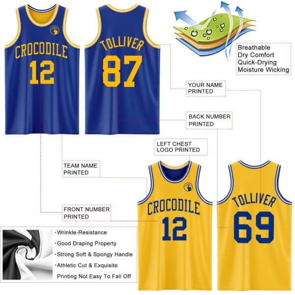 Custom Royal Gold-White Reversible Double Side Sublimation Basketball Suit Jersey