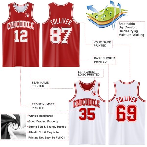 Custom Red White Reversible Double Side Sublimation Basketball Suit Jersey