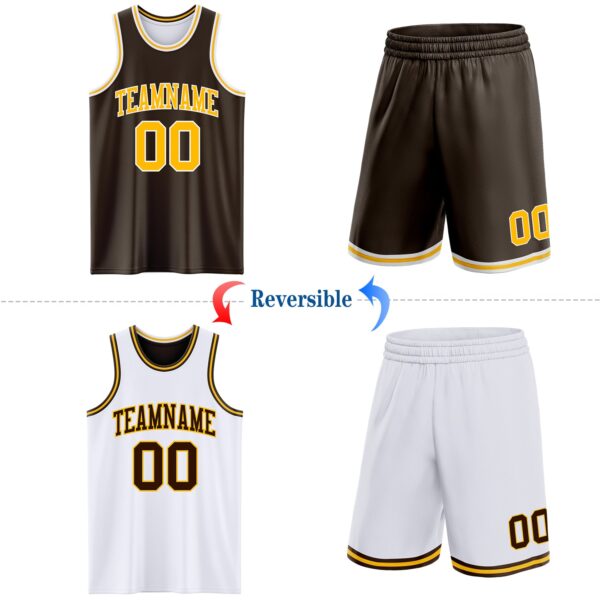 Custom Brown Gold-White Reversible Double Side Sublimation Basketball Suit Jersey