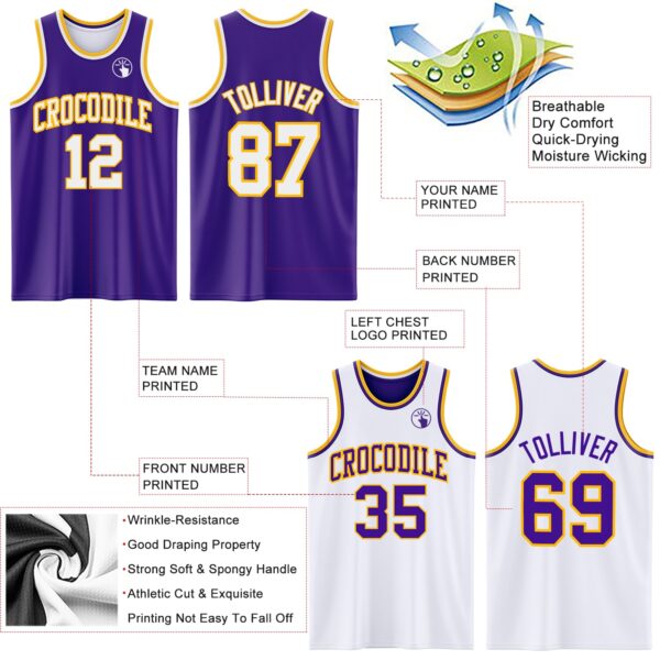 Custom Purple White-Gold Reversible Double Side Sublimation Basketball Suit Jersey