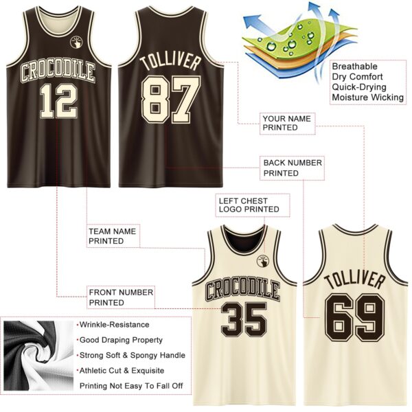 Custom Reversible Brown Cream Double Side Sublimation Basketball Suit Jersey